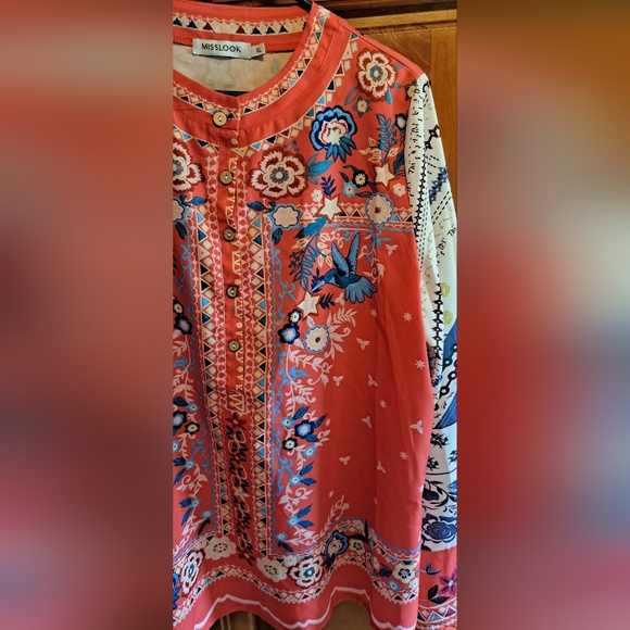 Gorgeous Misslook Tunic Blouse Mixed Media Fabric Hummingbirds Belle Sleeves XL - Picture 5 of 8